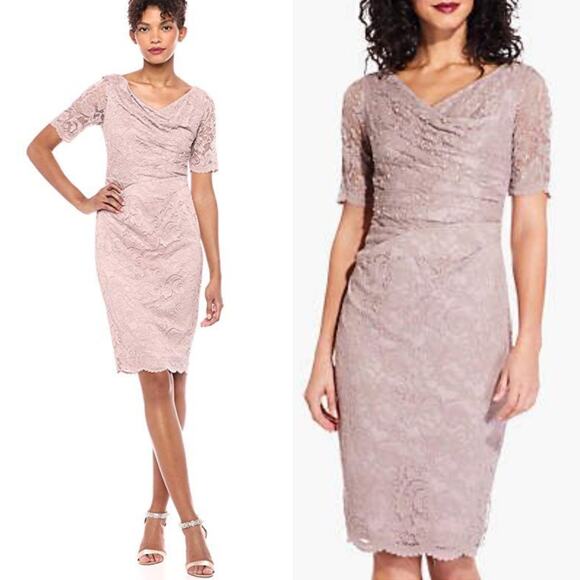 NWT ADRIANNA PAPELL DRESS 8 SEQUIN BEADED LACE EMBELLISHED WRAP PETAL MAUVE - Picture 1 of 16
